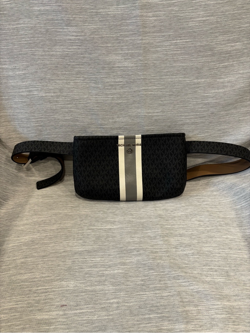 Michael Kors Black Belt Bag with Cream and Gray Center Stripes